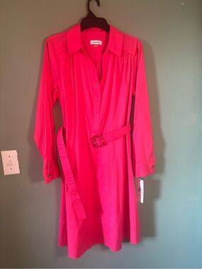 Calvin Klein Hot Pink Long Sleeve Shirt Dress with Belt